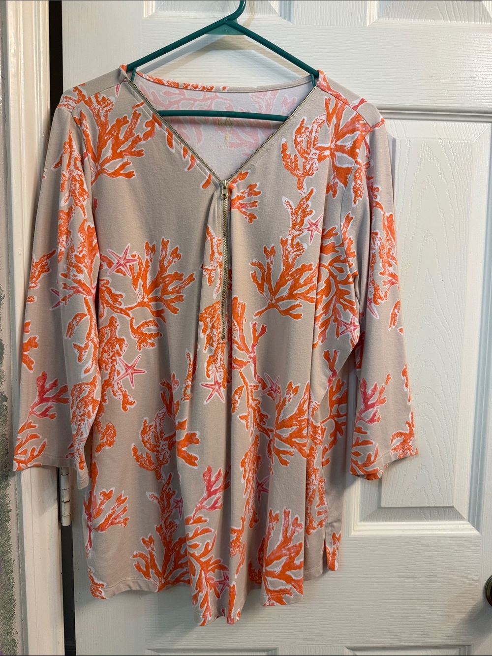 Belle by Kim Gravel Beige Tunic with Orange & Pink Coral Print